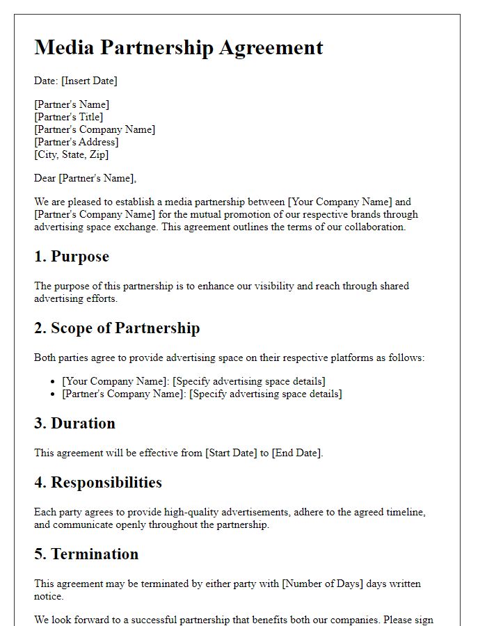 Letter template of media partnership agreement for advertising space exchange.