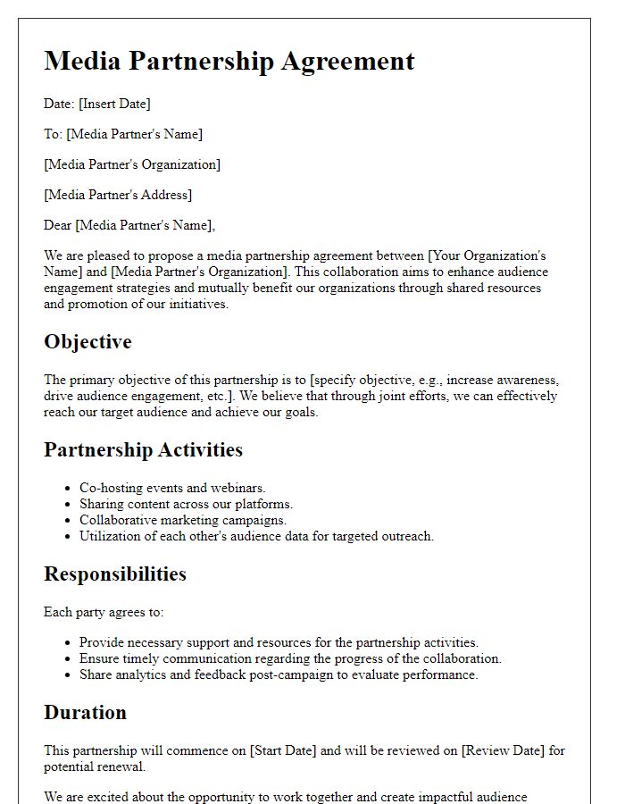 Letter template of media partnership agreement for audience engagement strategies.