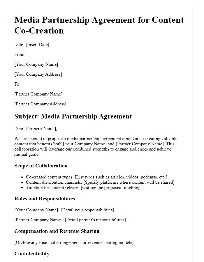 Letter template of media partnership agreement for content co-creation.