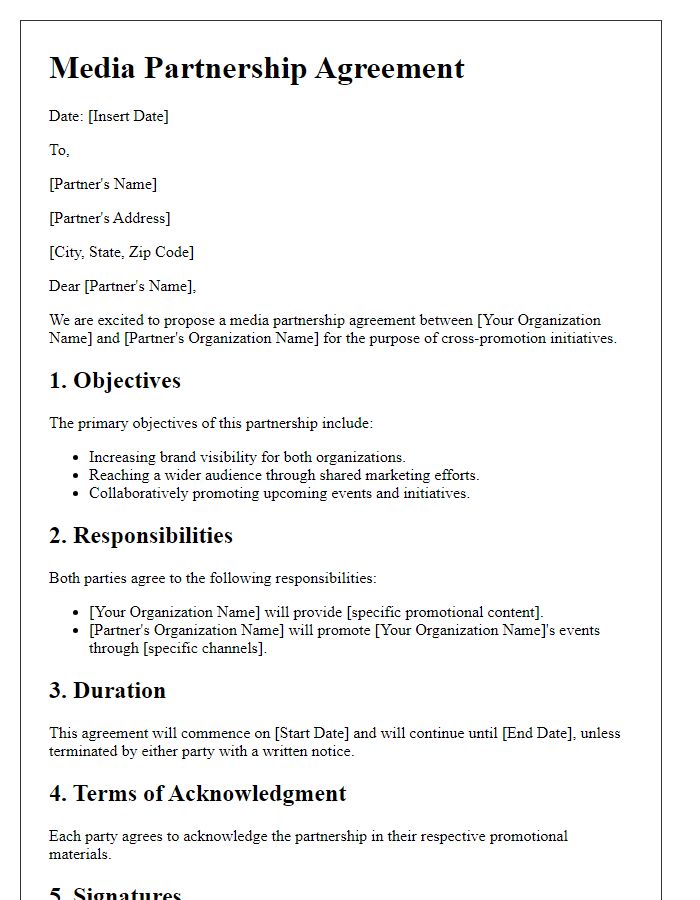 Letter template of media partnership agreement for cross-promotion initiatives.