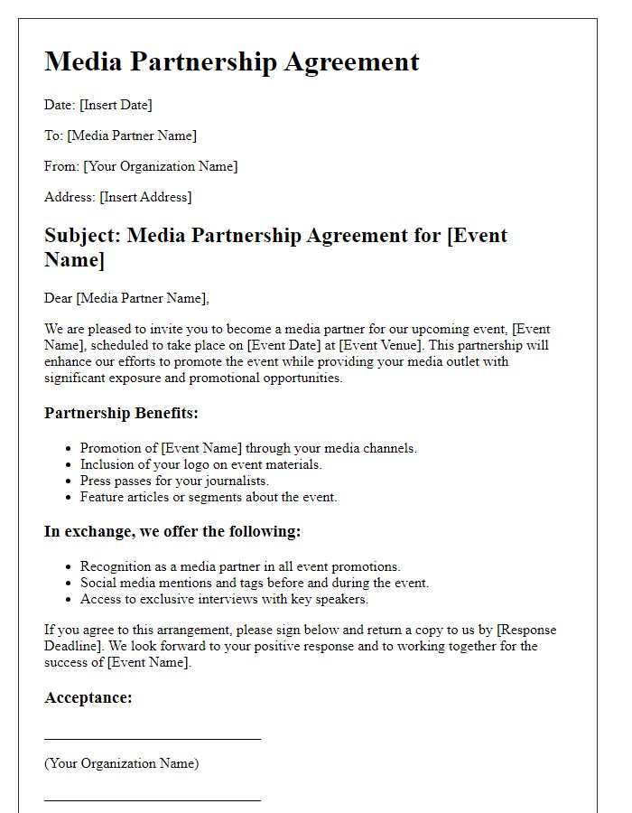 Letter template of media partnership agreement for event sponsorship.