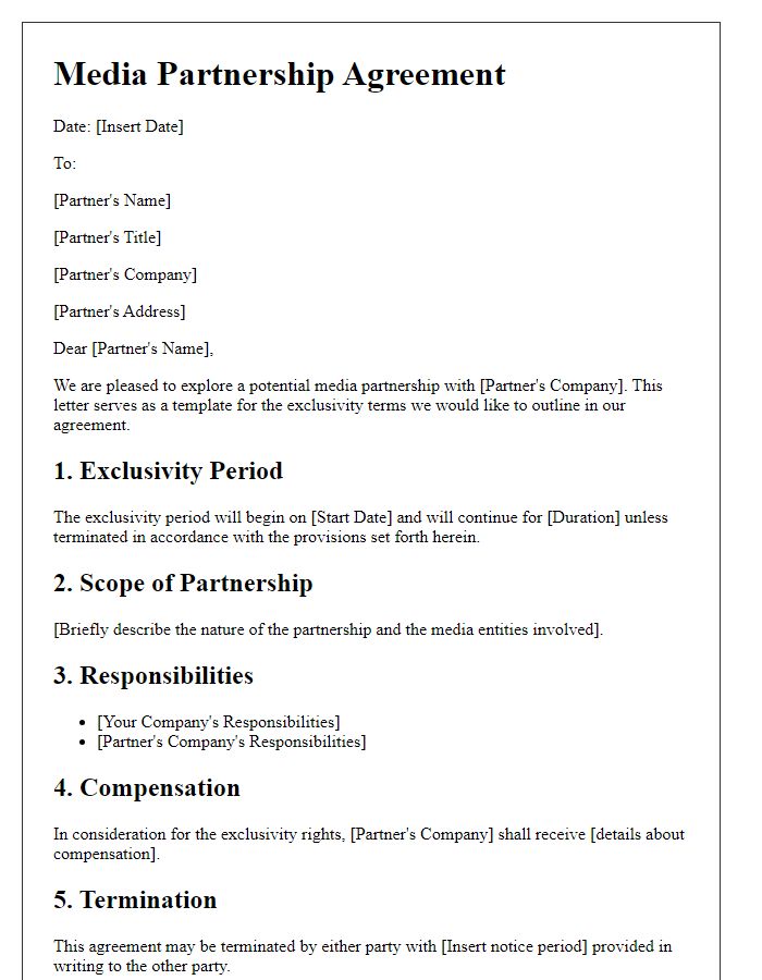 Letter template of media partnership agreement for exclusivity terms.