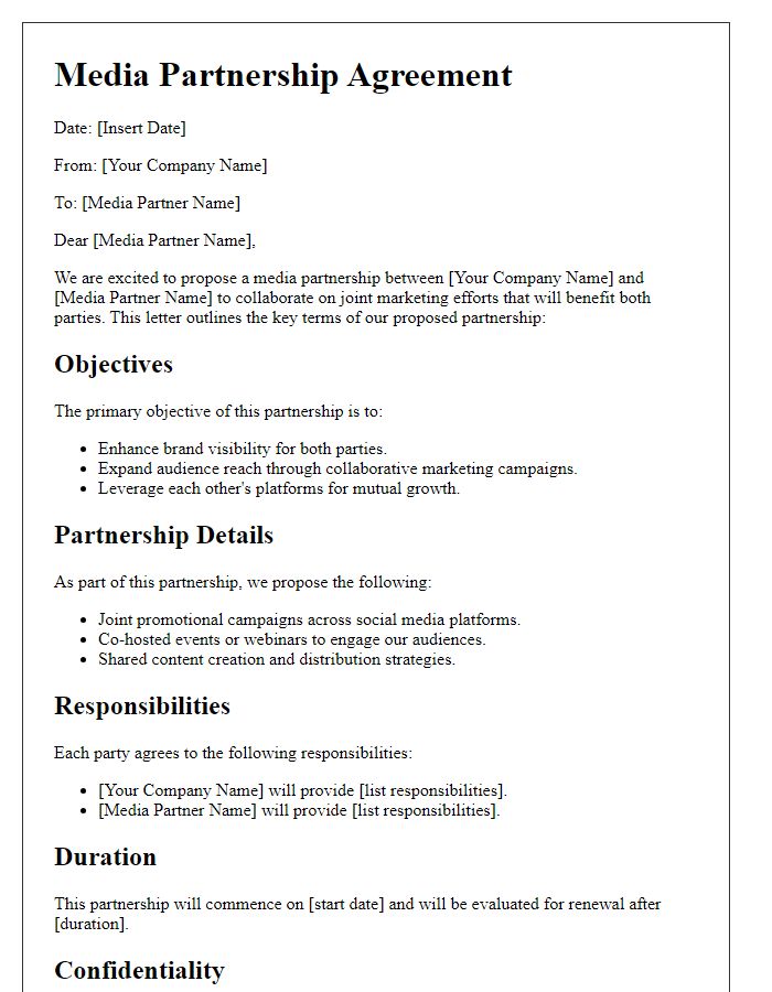 Letter template of media partnership agreement for joint marketing efforts.