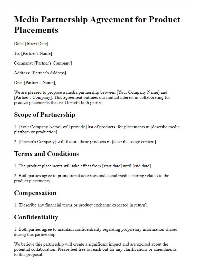 Letter template of media partnership agreement for product placements.