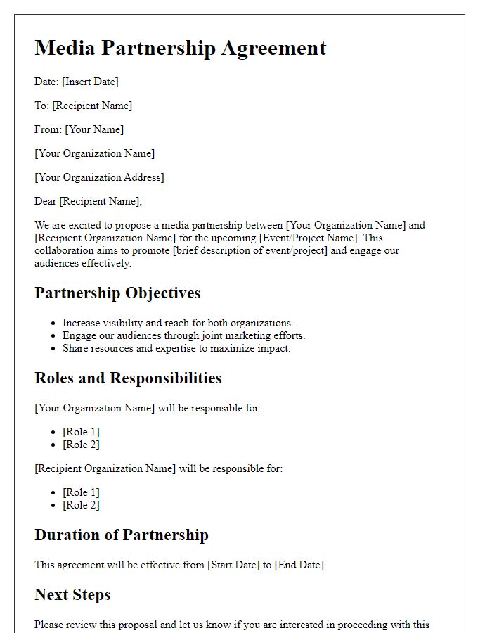 Letter template of media partnership agreement for promotional collaboration.