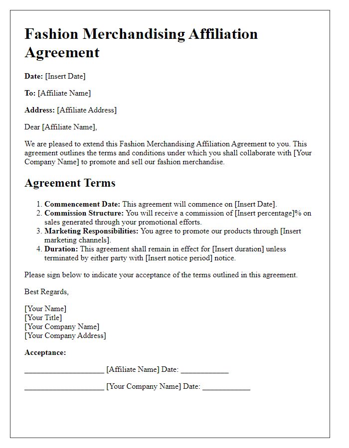 Letter template of Fashion Merchandising Affiliation Agreement