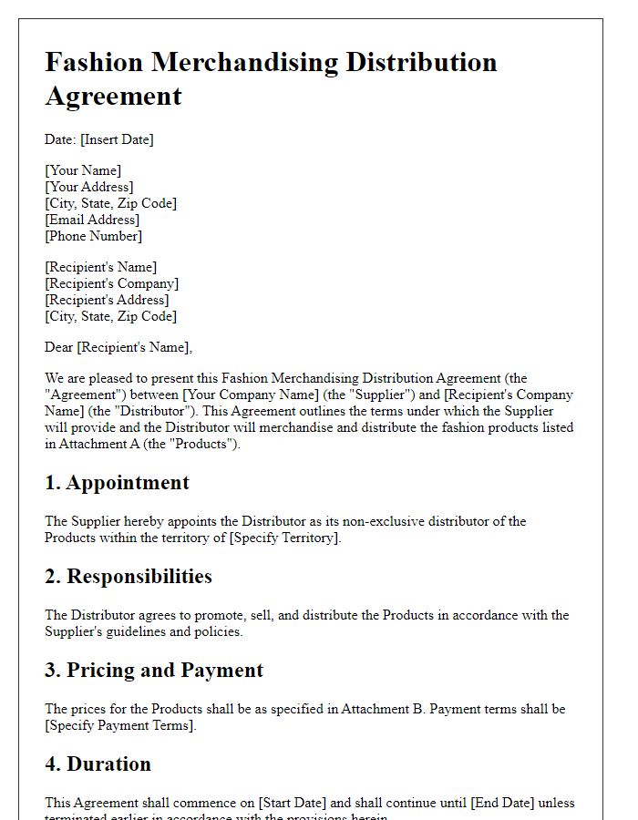 Letter template of Fashion Merchandising Distribution Agreement