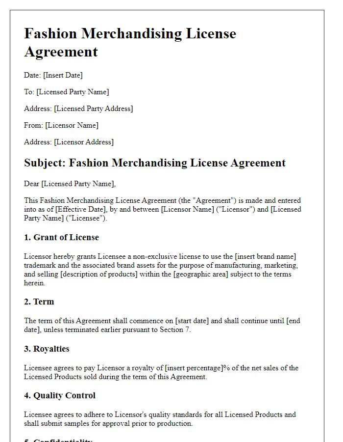 Letter template of Fashion Merchandising License Agreement