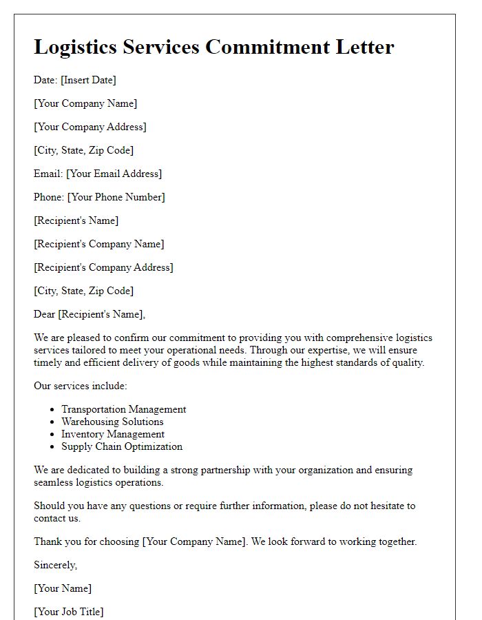 Letter template of logistics services commitment letter