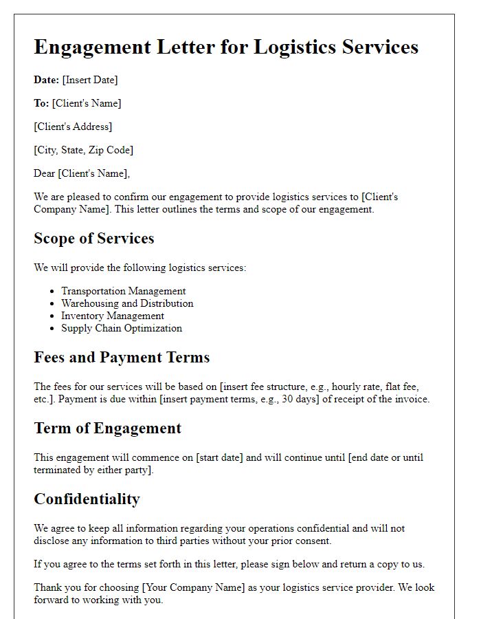 Letter template of logistics services engagement letter