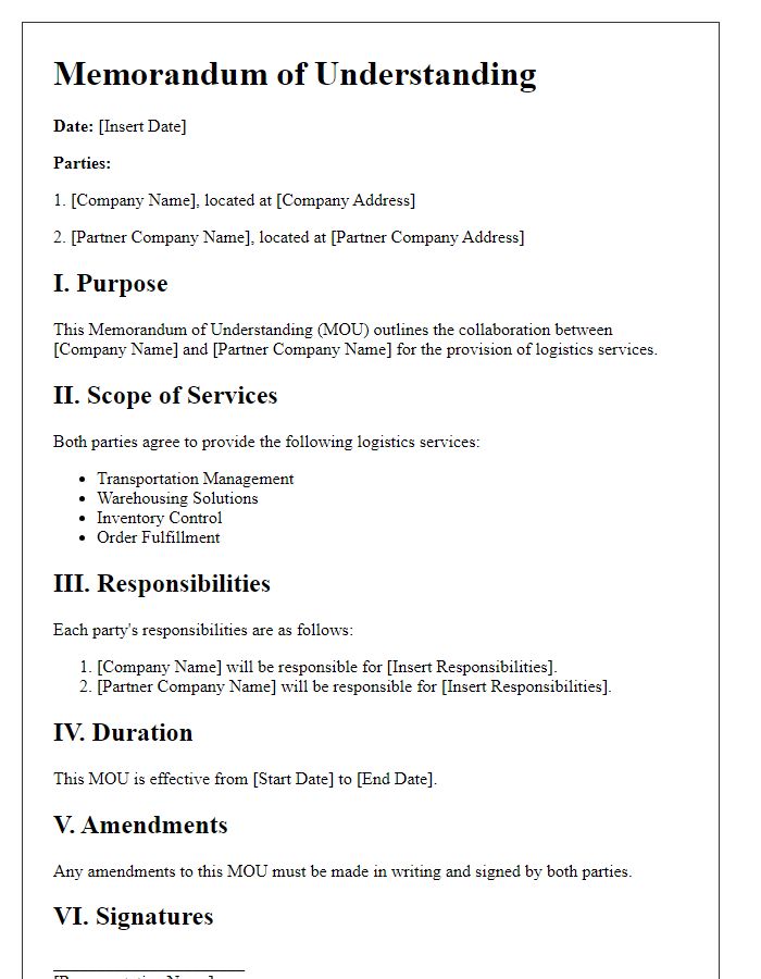 Letter template of logistics services memorandum of understanding