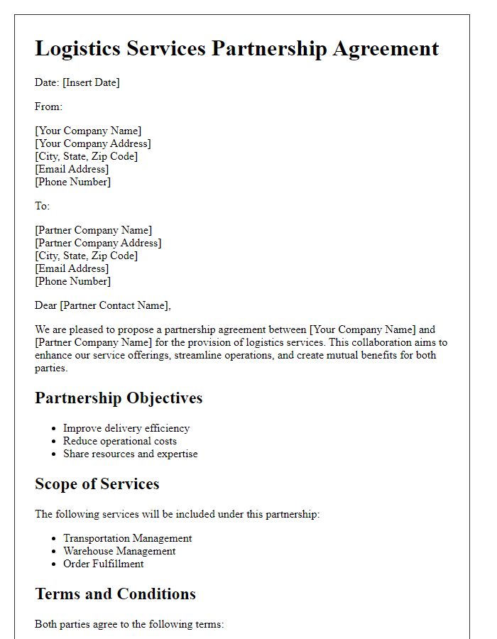 Letter template of logistics services partnership agreement