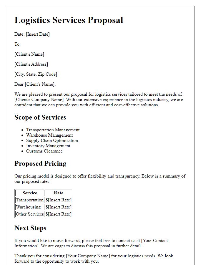 Letter template of logistics services proposal