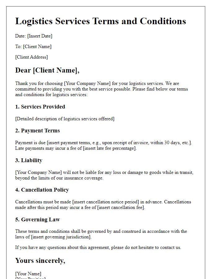 Letter template of logistics services terms and conditions