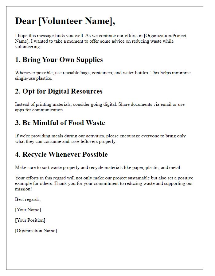 Letter template of advice on reducing waste while volunteering.