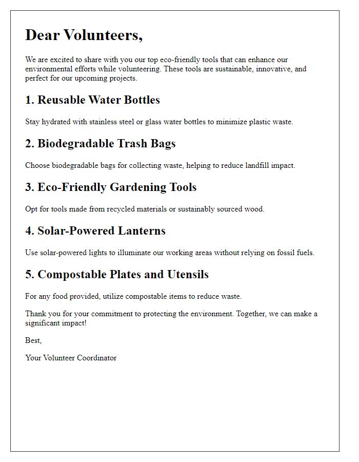 Letter template of best eco-friendly tools for volunteers.