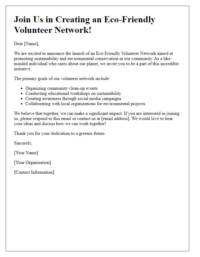 Letter template of creating an eco-friendly volunteer network.