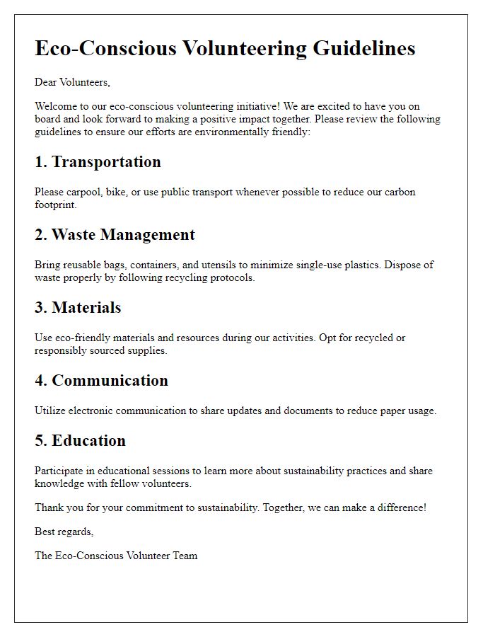 Letter template of eco-conscious volunteering guidelines.