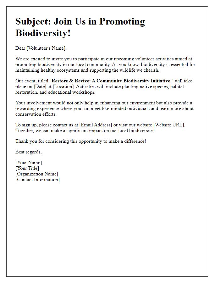 Letter template of promoting biodiversity through volunteer activities.