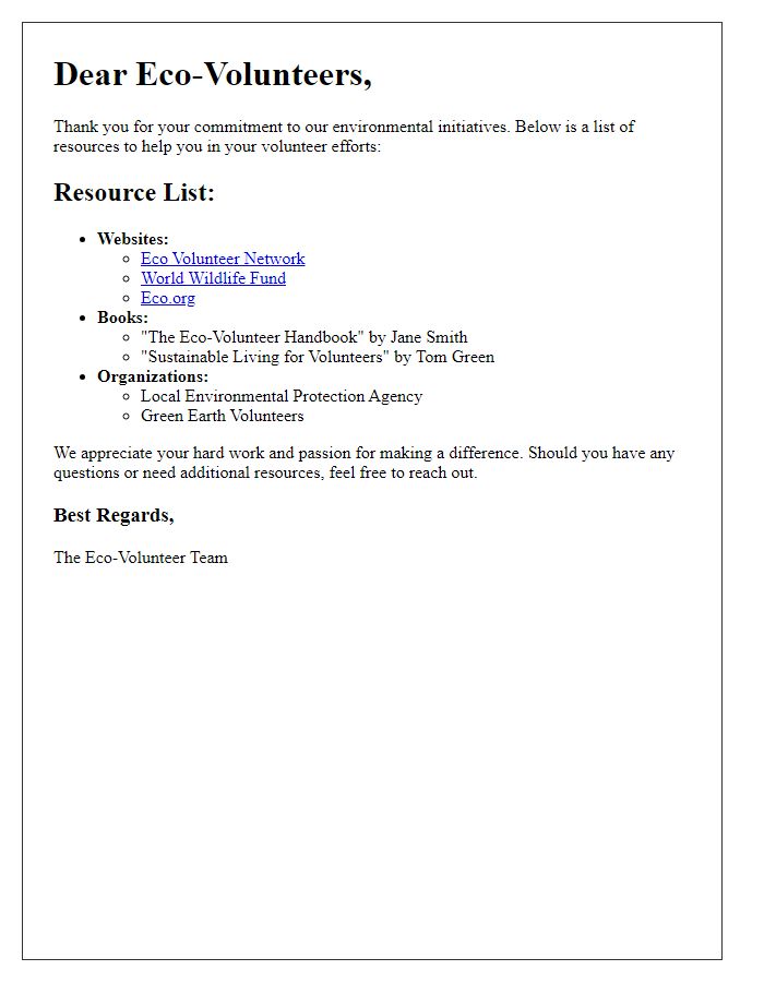 Letter template of resources for eco-volunteers.