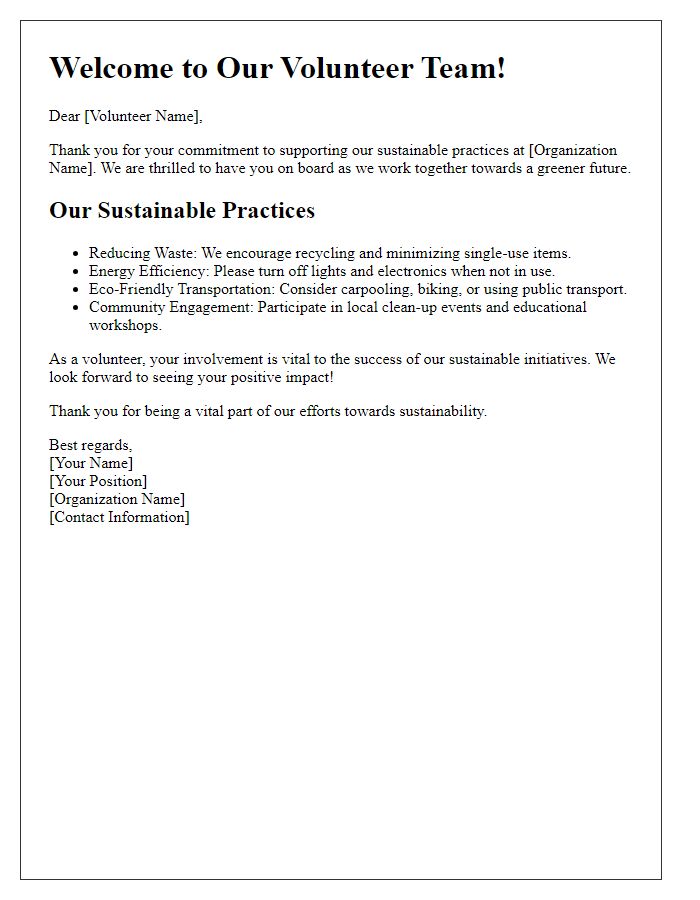 Letter template of sustainable practices for volunteers.