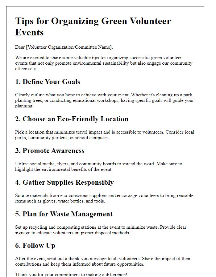 Letter template of tips for organizing green volunteer events.