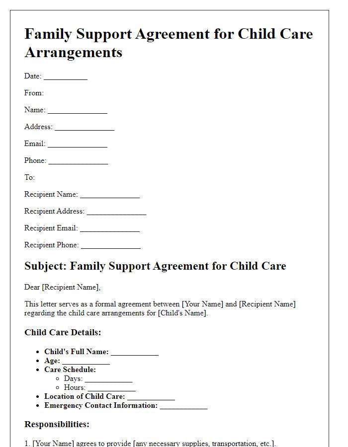 Letter template of Family Support Agreement for Child Care Arrangements