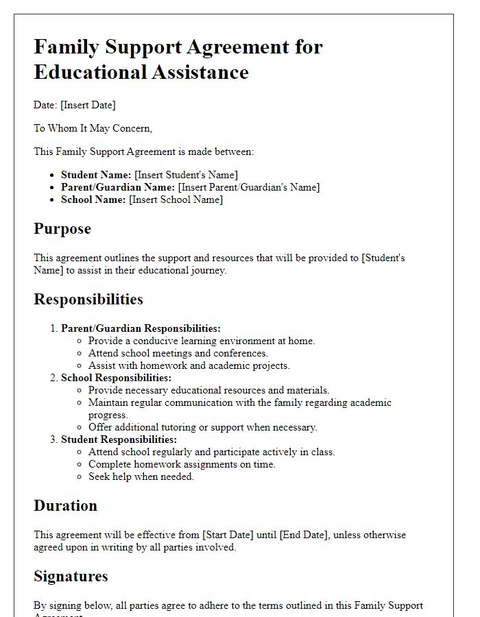 Letter template of Family Support Agreement for Educational Assistance