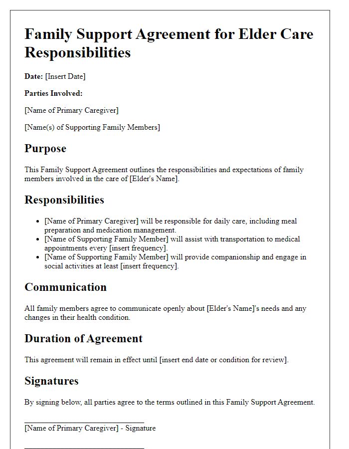 Letter template of Family Support Agreement for Elder Care Responsibilities