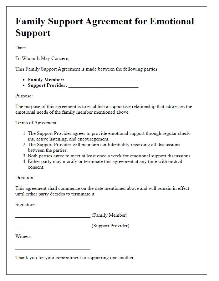 Letter template of Family Support Agreement for Emotional Support