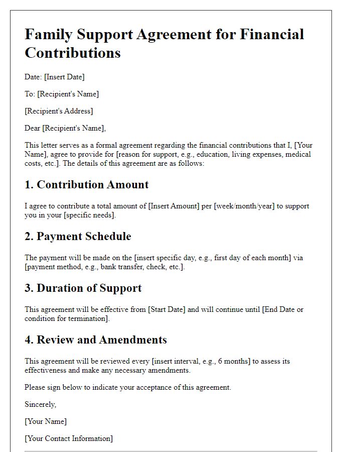 Letter template of Family Support Agreement for Financial Contributions