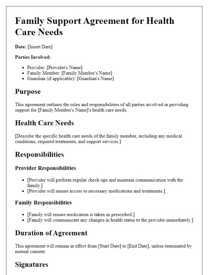 Letter template of Family Support Agreement for Health Care Needs