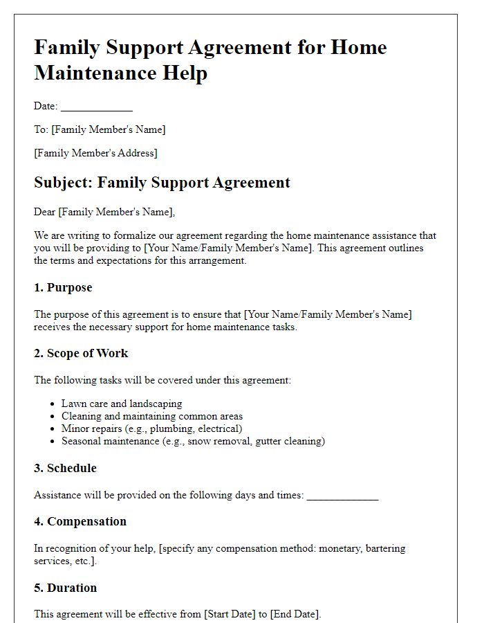 Letter template of Family Support Agreement for Home Maintenance Help