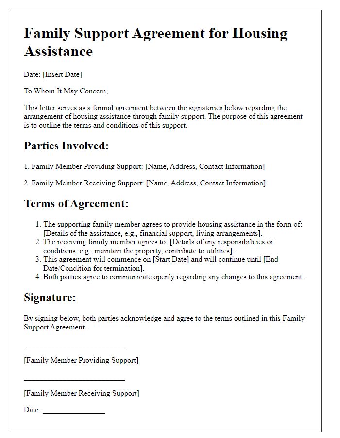 Letter template of Family Support Agreement for Housing Assistance