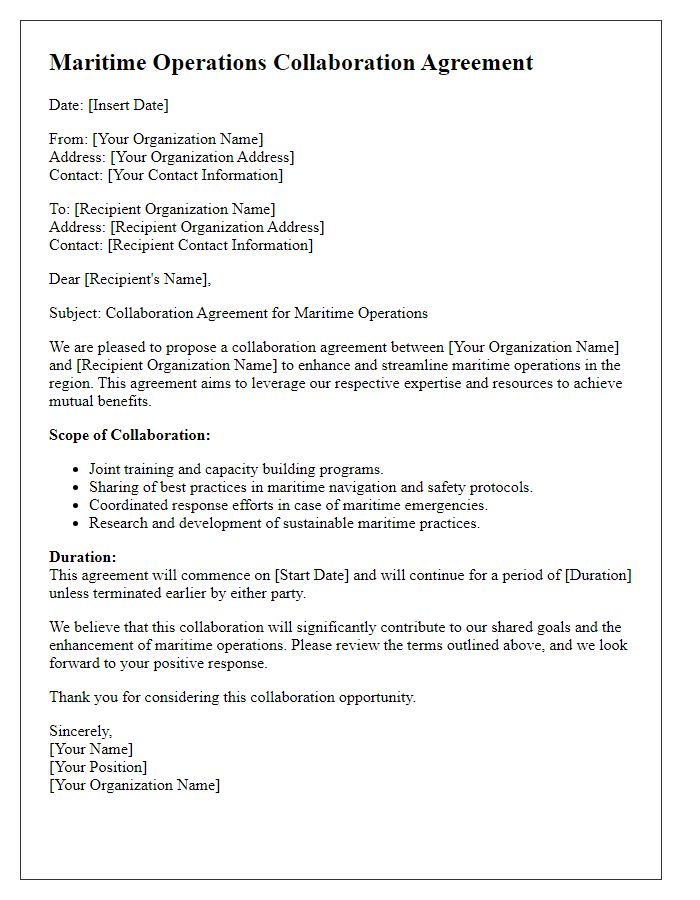 Letter template of maritime operations collaboration agreement