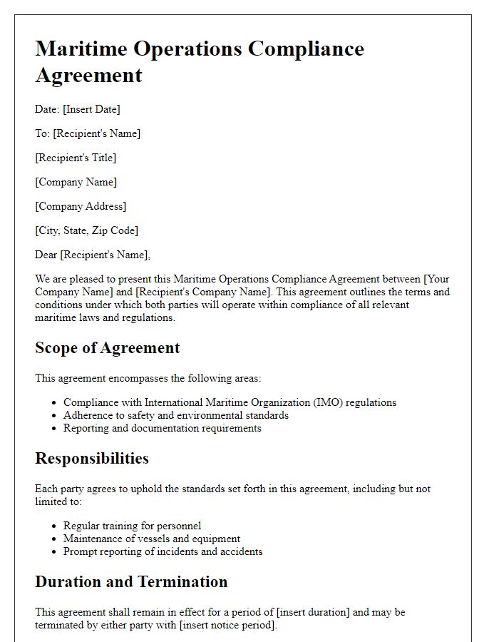 Letter template of maritime operations compliance agreement