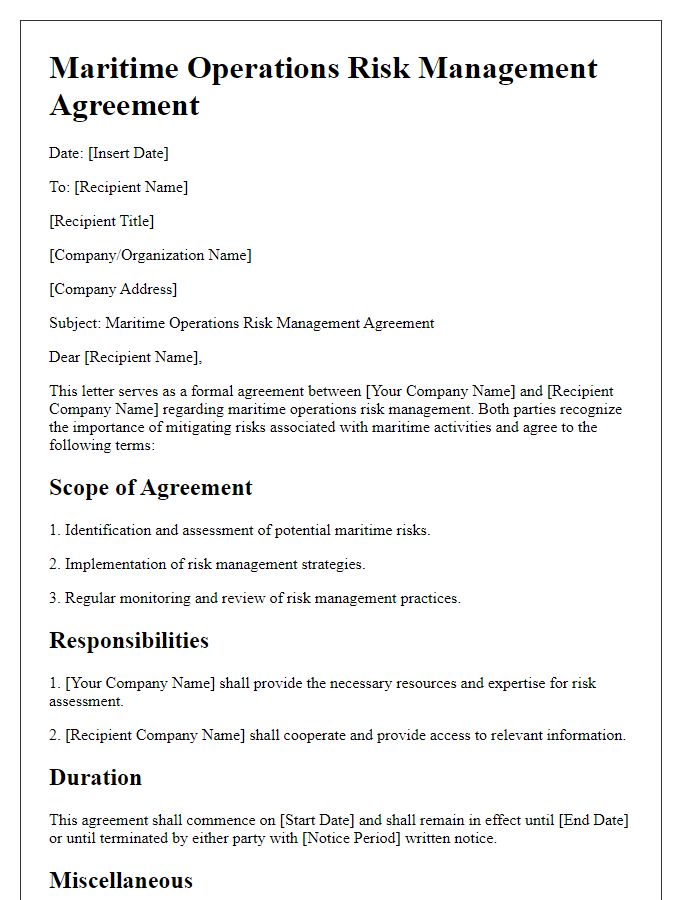 Letter template of maritime operations risk management agreement