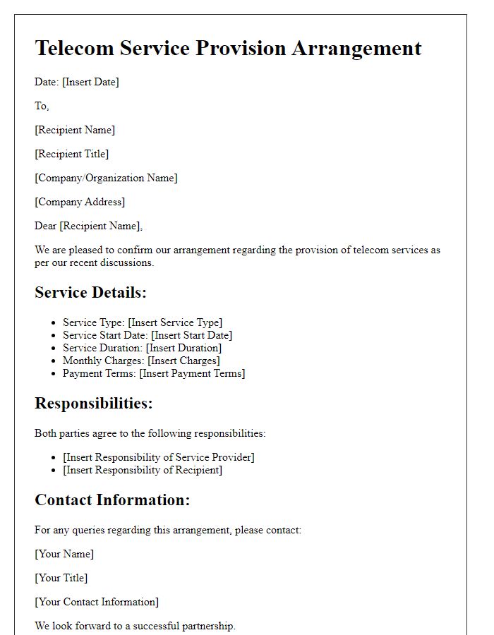 Letter template of telecom service provision arrangement