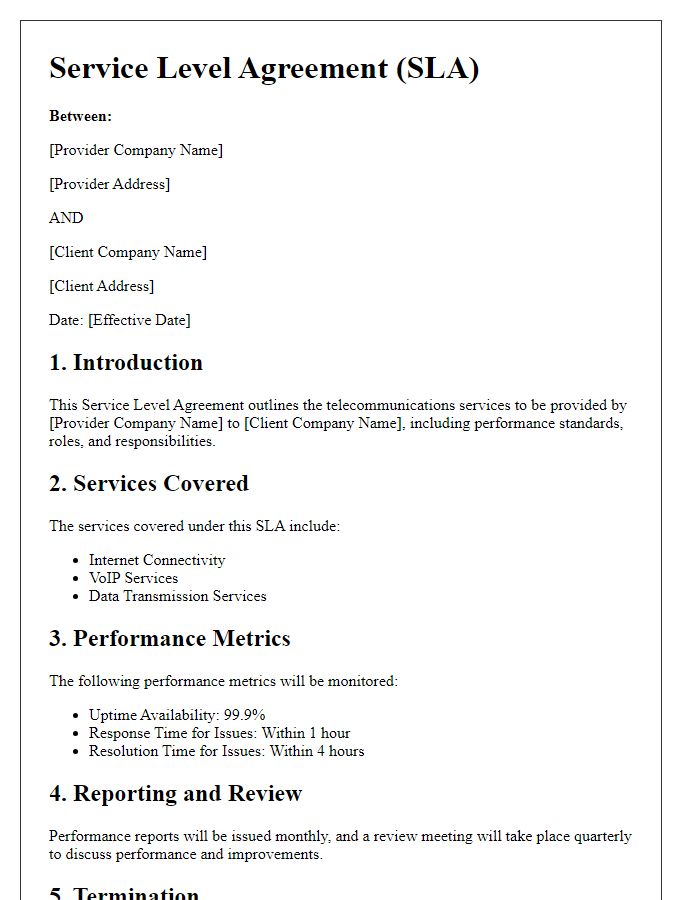 Letter template of telecommunications service level agreement