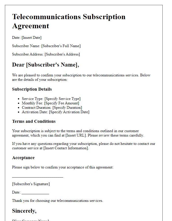 Letter template of telecommunications subscription agreement