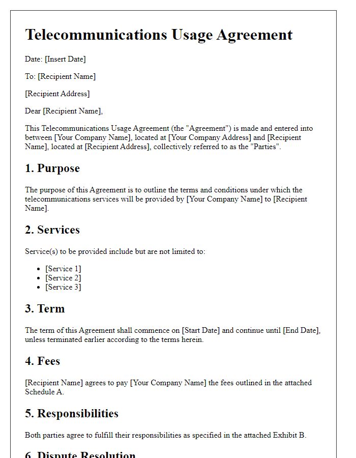 Letter template of telecommunications usage agreement