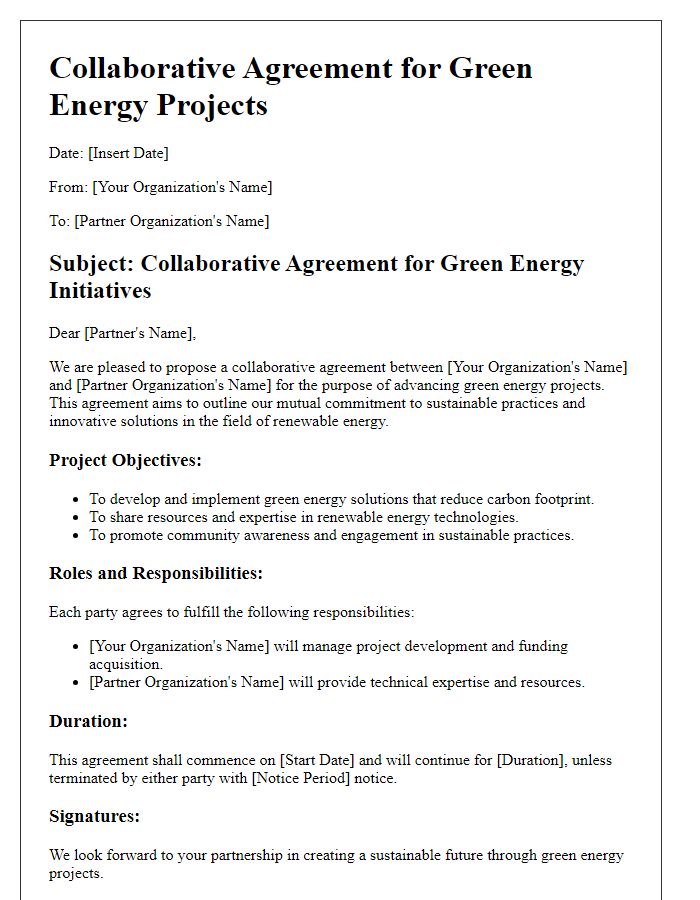 Letter template of Collaborative Agreement for Green Energy Projects