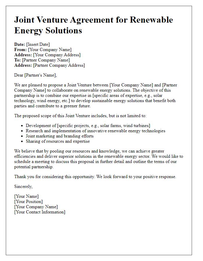 Letter template of Joint Venture for Renewable Energy Solutions