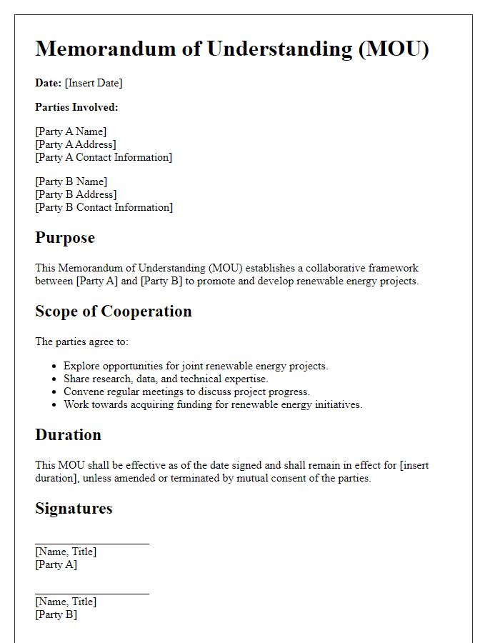 Letter template of Memorandum of Understanding for Renewable Energy