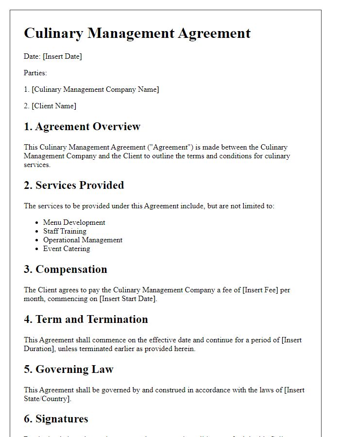 Letter template of Culinary Management Agreement