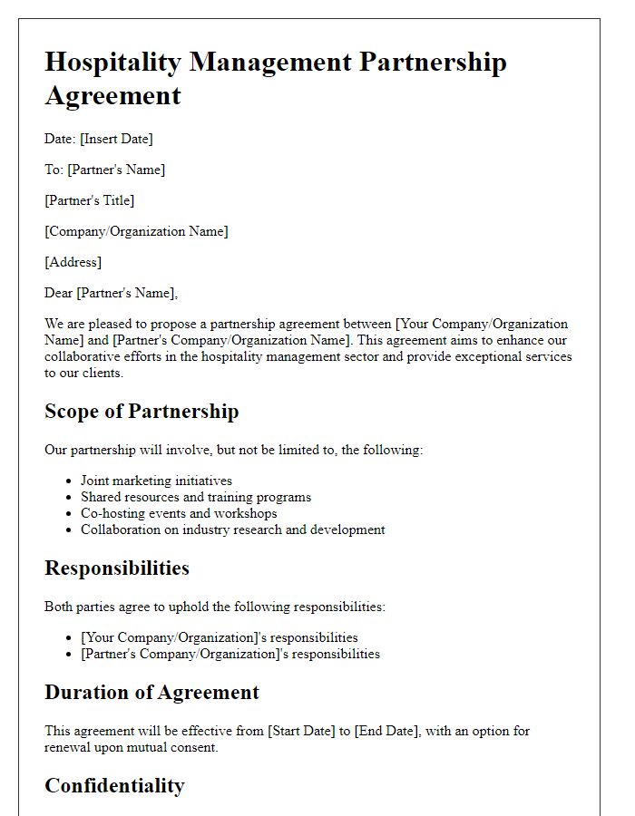 Letter template of Hospitality Management Partnership Agreement