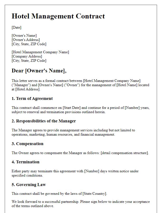 Letter template of Hotel Management Contract