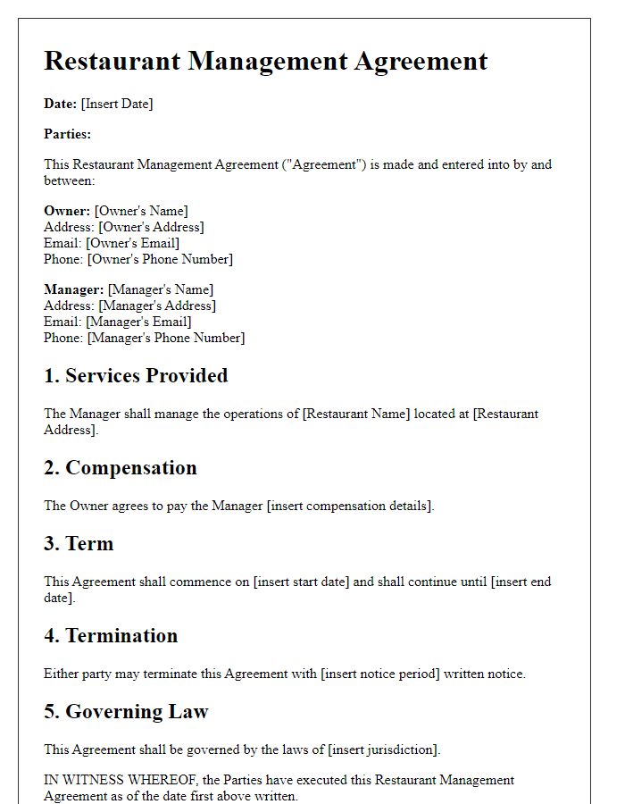 Letter template of Restaurant Management Agreement