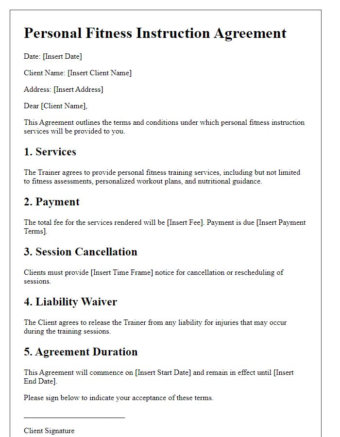 Letter template of Personal Fitness Instruction Agreement