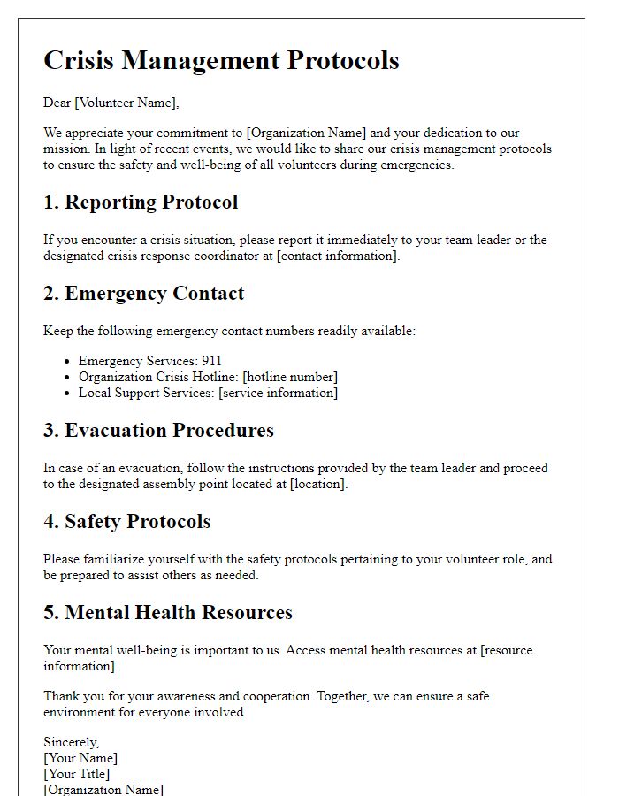 Letter template of crisis management protocols for volunteer participants.